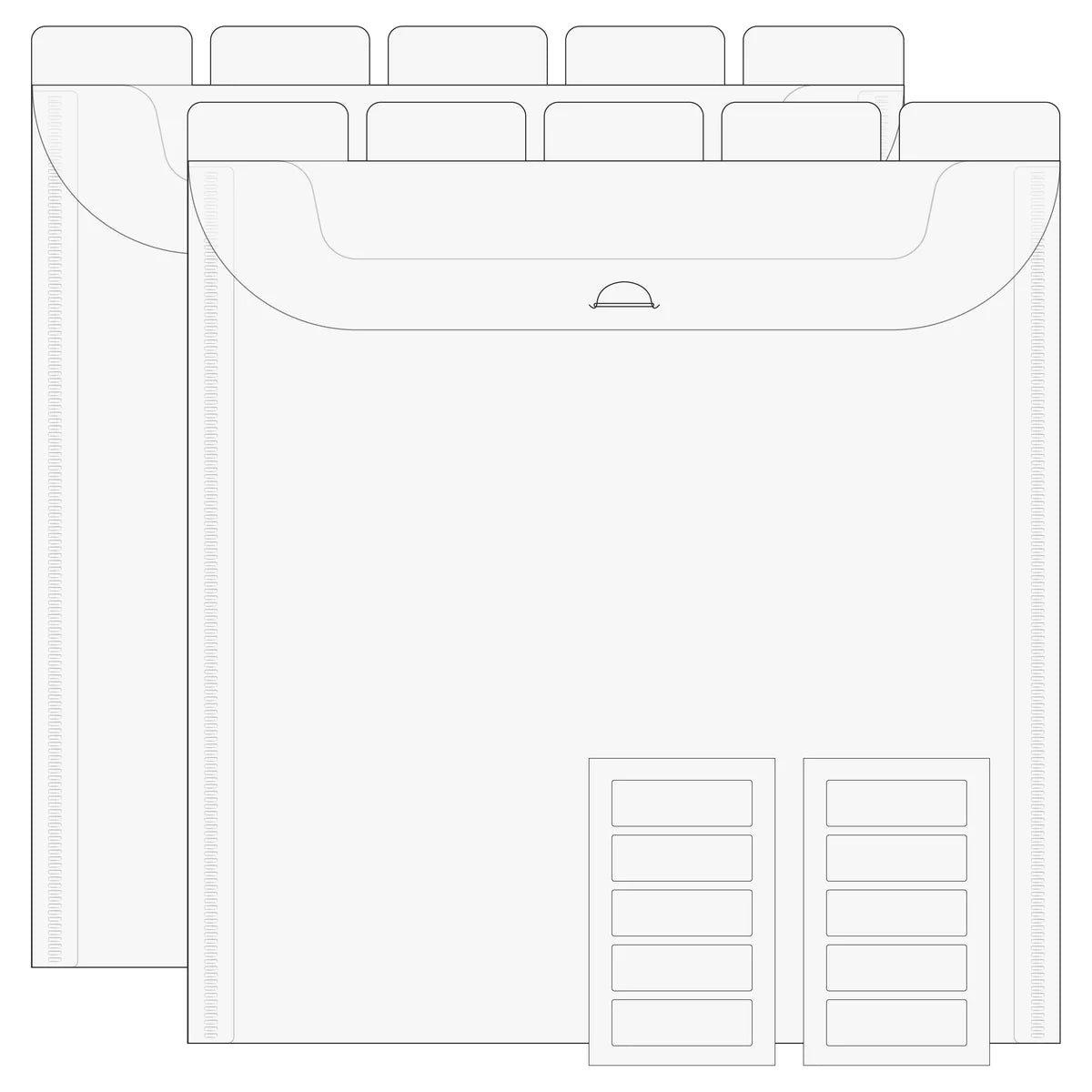 The Organized Option 12x12 Flip Flap Tabbed Divider Pockets pack of 10 shown as two sets of 5 with staggered tabs and label sticker sheets