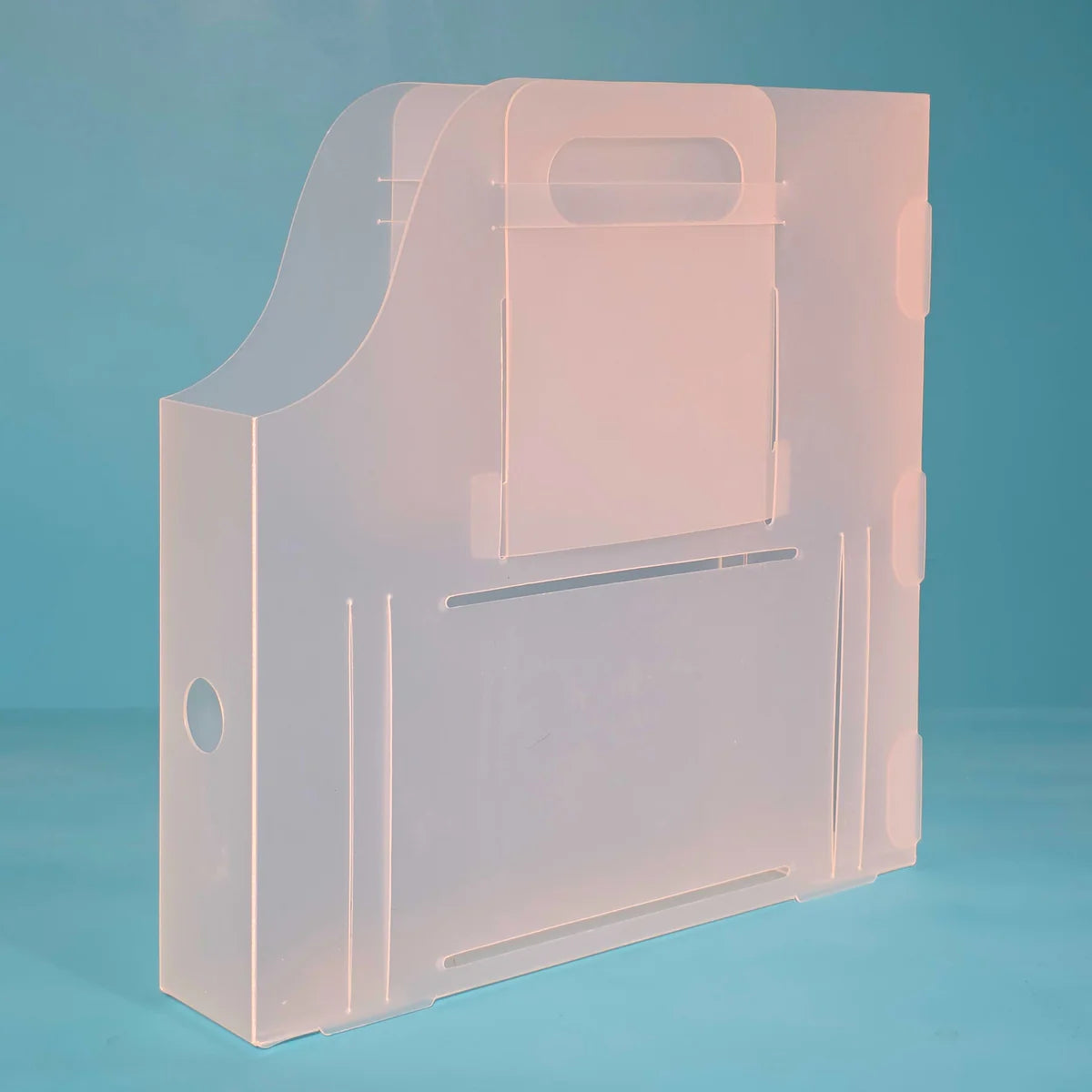 The Organized Option 12x12 Paper Handle-It upright with handles retracted for compact shelf storage