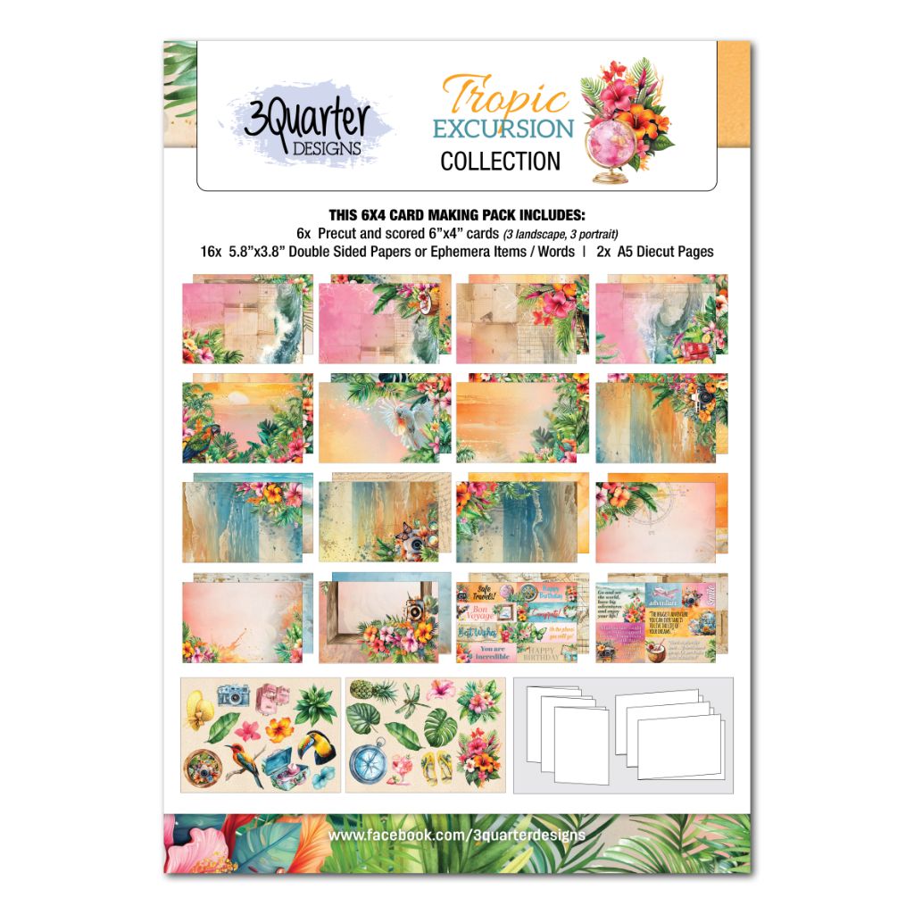 Front of Tropic Excursion card making kit showing papers, die-cut sheets and card bases