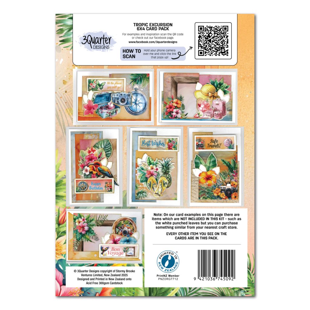 Back of Tropic Excursion 6x4 card making kit showing six tropical card examples and kit details