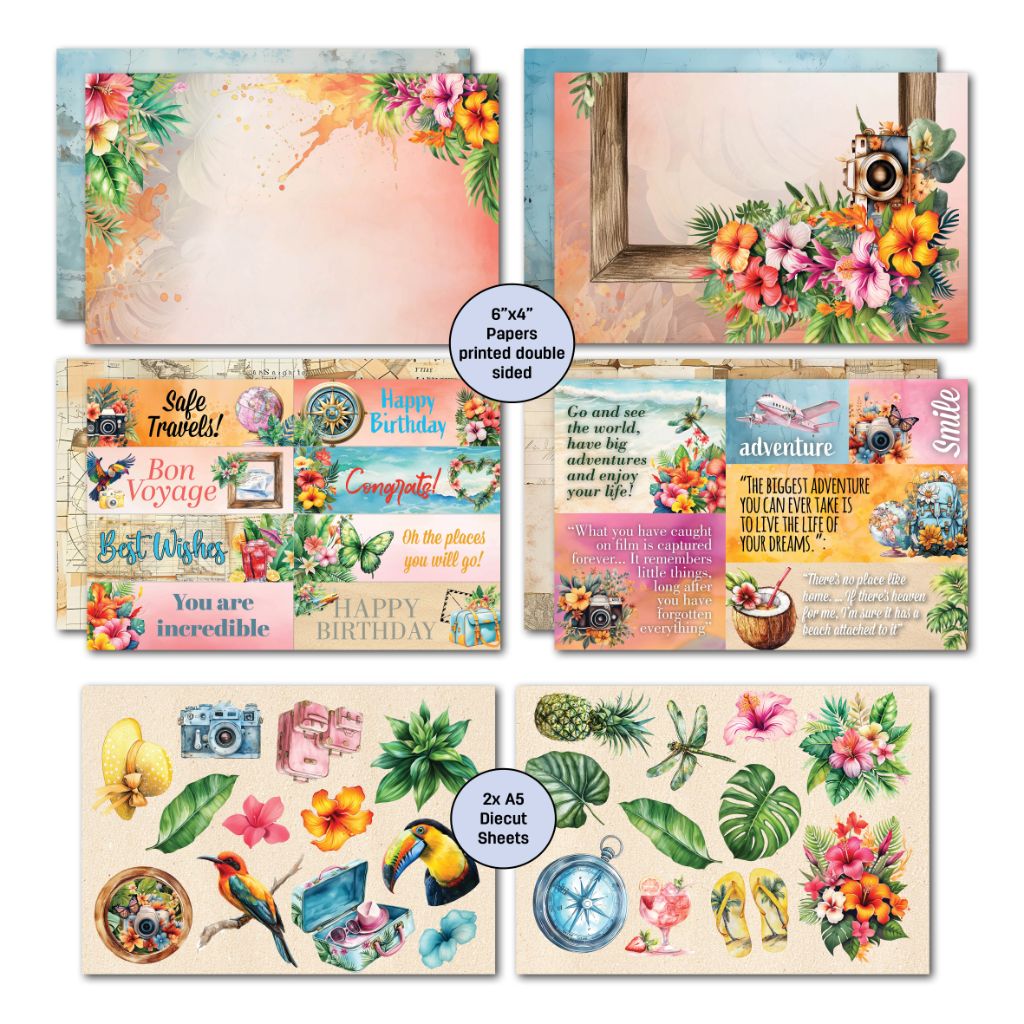 Tropic Excursion double-sided papers, sentiment strips and two A5 die-cut sheets
