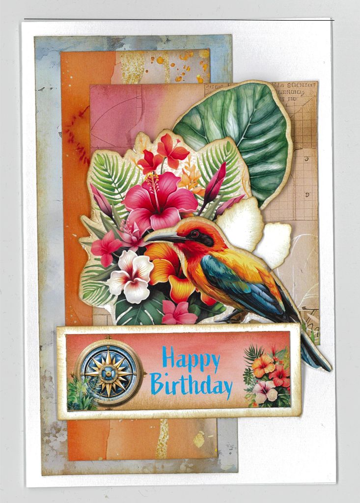 Tropical birthday sample card with colourful bird, hibiscus and leafy layers