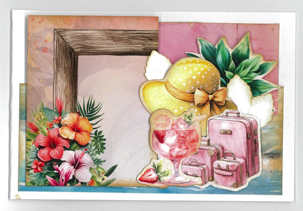 Tropic Excursion sample card with flowers, pink luggage, sunhat and cocktail.