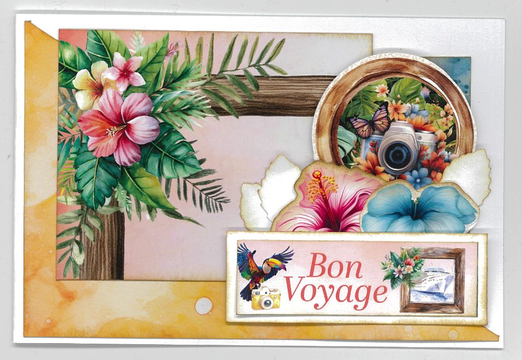 Bon Voyage card with hibiscus flowers, camera and travel motif made from the Tropic Excursion Card Making Kit