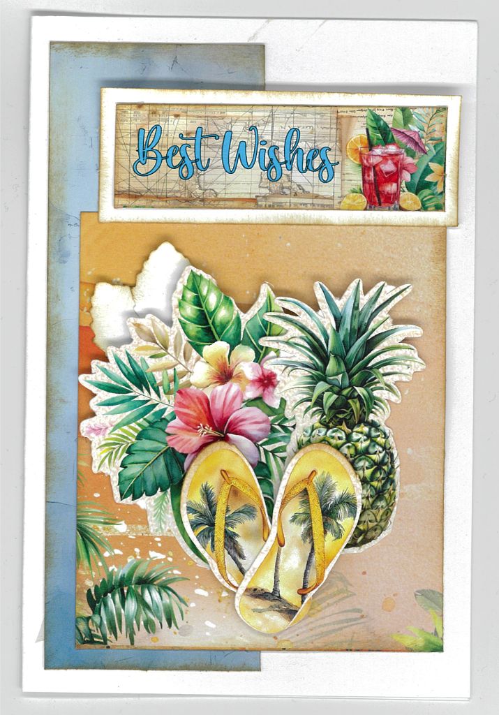 Tropical Excursion "Best Wishes" handmade card with pineapple, hibiscus and a pair of thongs on a sand background.
