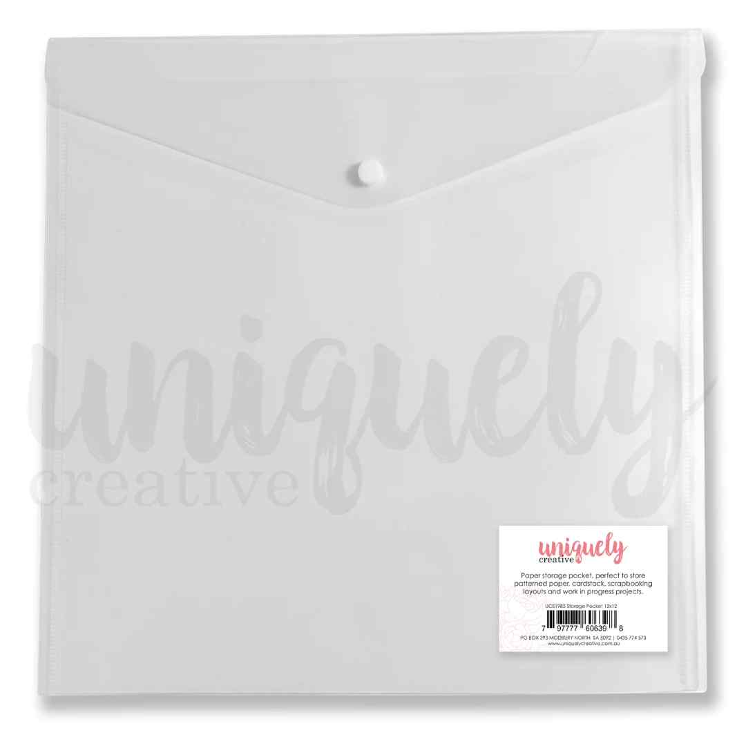 Uniquely Creative translucent 12x12 paper storage pocket with an envelope-style flap and snap-button closure