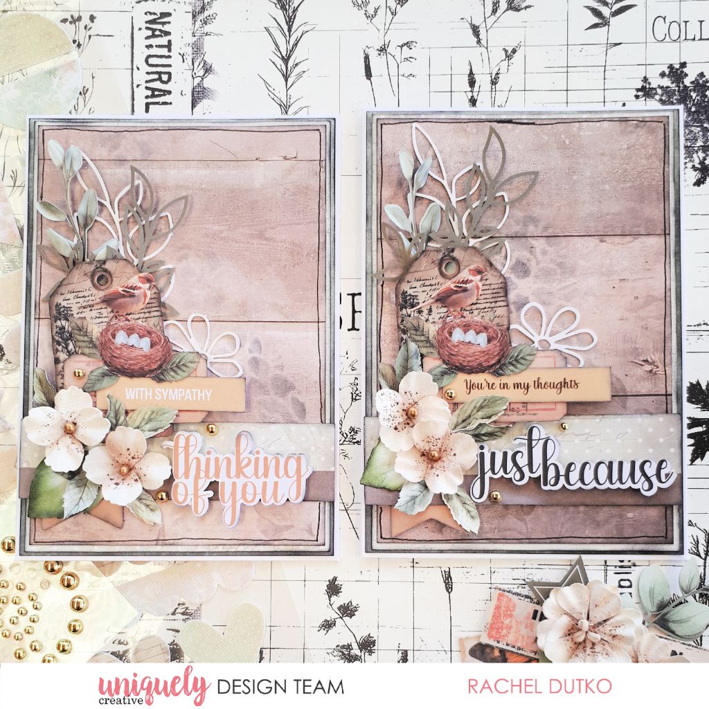 Handmade sympathy and encouragement cards by Rachel Dutko using Uniquely Creative Botanical Chronicles collection – feature rustic wood backgrounds, layered florals, bird’s nests, and gold accents. Sentiments like “WITH SYMPATHY,” “thinking of you,” and “just because” offer warmth and comfort in a nature-inspired design.