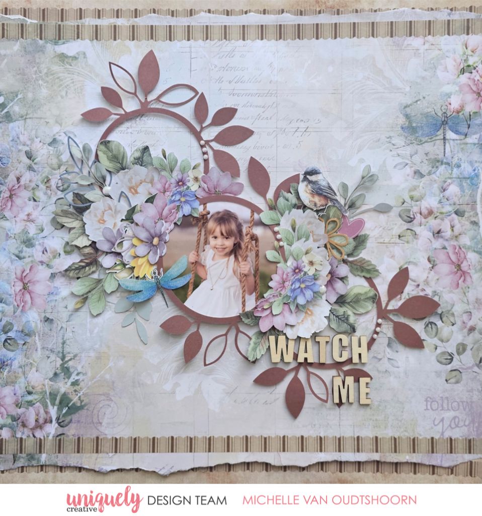 Scrapbook page by Michelle Van Oudtshoorn using Uniquely Creative Floral Archives collection – features a playful photo of a child on a swing, surrounded by pastel florals, bird and insect embellishments, and circular frames. Sentiment “WATCH ME” adds bold charm to this whimsical, vintage-inspired design.