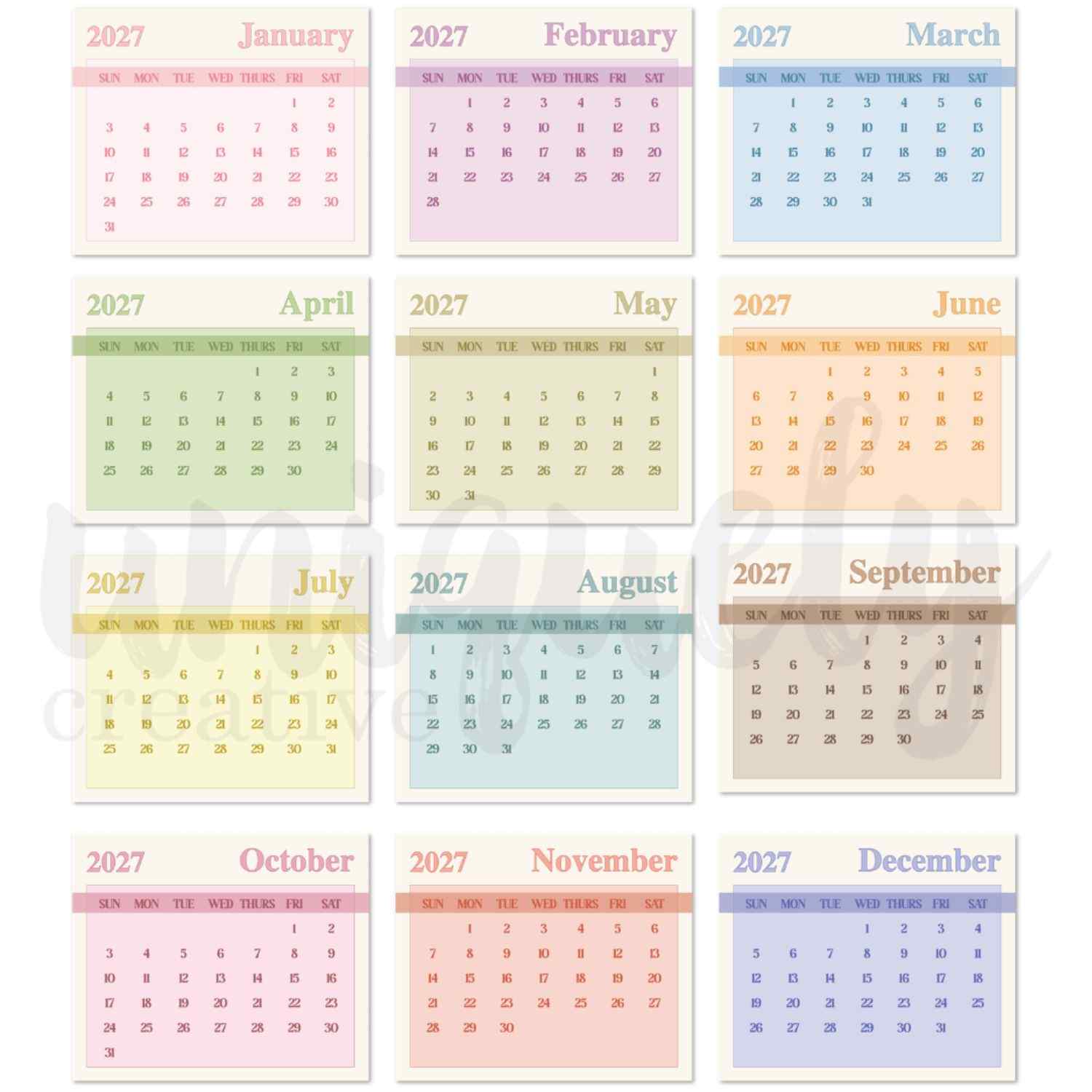 Uniquely Creative 2027 Calendar Pads showing all 12 monthly calendar pages laid out in a grid, each in a different soft pastel colourway — pink January, lilac February, blue March, sage April, yellow-green May, peach June, yellow July, teal August, taupe September, rose October, coral November, and periwinkle December