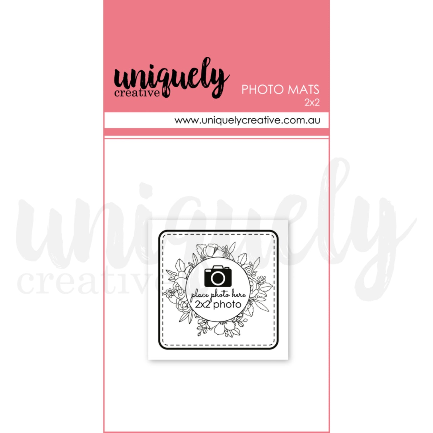 Uniquely Creative 2x2 photo mats pack showing white cardstock mat with floral wreath design and camera icon placeholder for scrapbook layout planning 