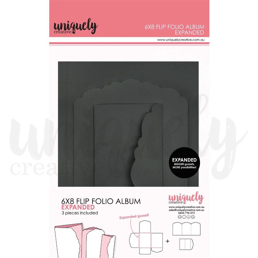 Uniquely Creative 6x8 Flip Folio Album Expanded in Black — 3-piece set with expanded gusset, shown with packaging 