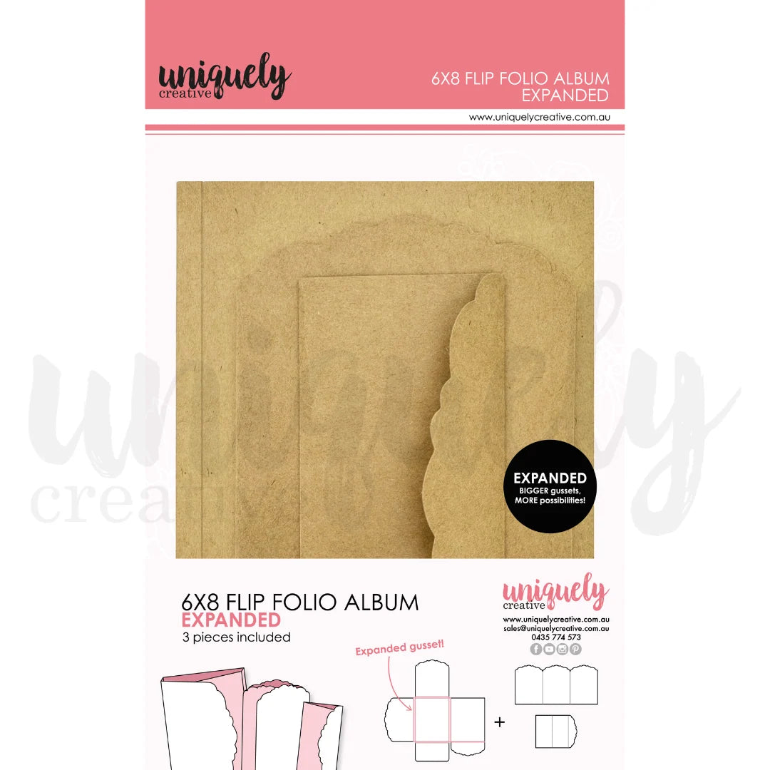 Uniquely Creative 6x8 Flip Folio Album Expanded in Kraft — 3-piece set with expanded gusset, shown with packaging