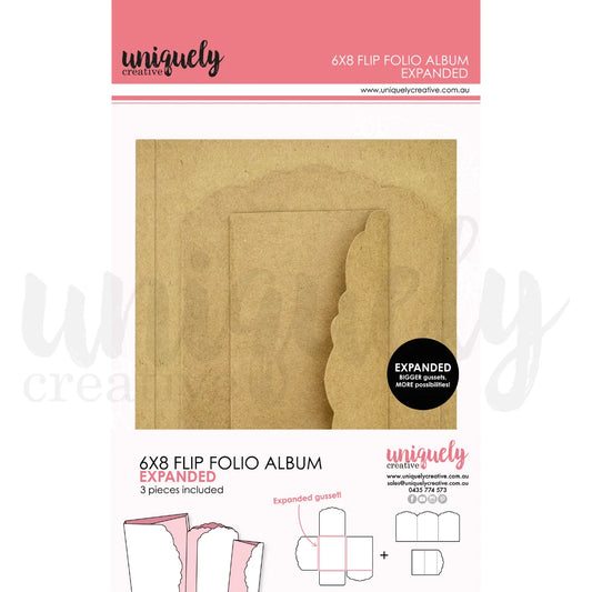 Uniquely Creative 6x8 Flip Folio Album Expanded in Kraft — 3-piece set with expanded gusset, shown with packaging