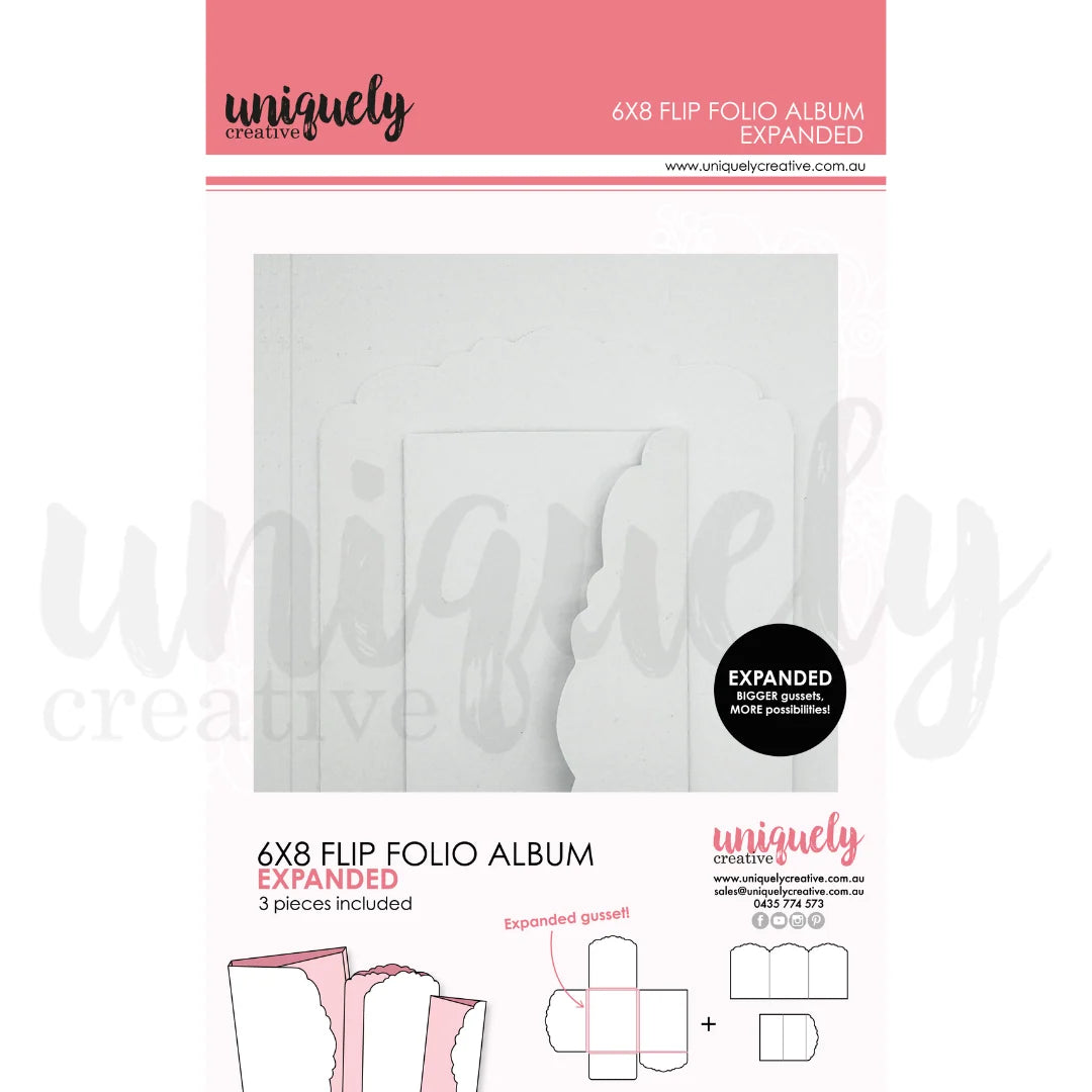 Uniquely Creative 6x8 Flip Folio Album Expanded in White — 3-piece set with expanded gusset, shown with packaging