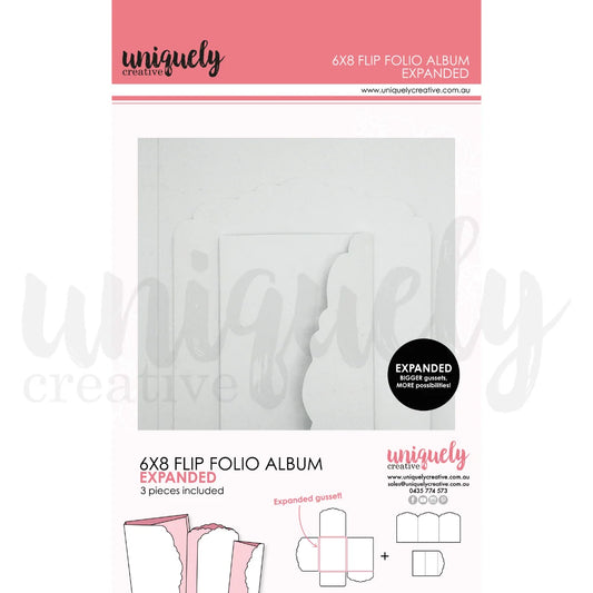 Uniquely Creative 6x8 Flip Folio Album Expanded in White — 3-piece set with expanded gusset, shown with packaging