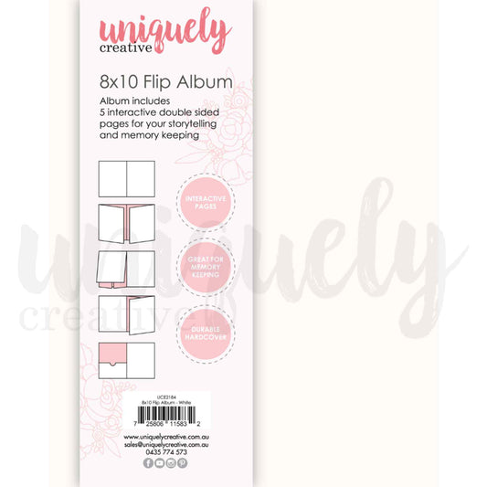Uniquely Creative 8x10 Flip Album in White showing durable hardcover and interactive double-sided flip pages for scrapbooking and memory keeping