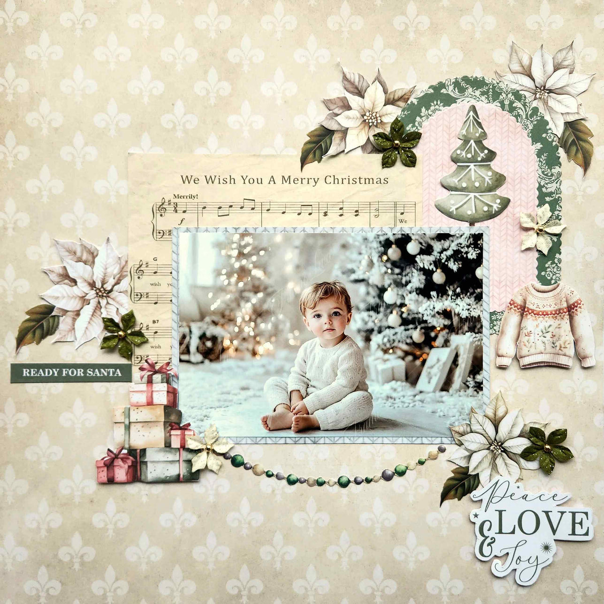 Christmas scrapbook layout using the Festive Music paper as a background, featuring a photo of a toddler by a decorated tree with poinsettias and gift boxes