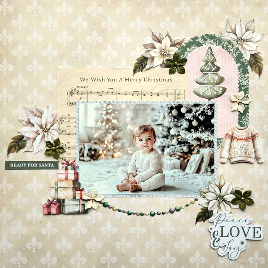 Christmas scrapbook layout using the Festive Music paper as a background, featuring a photo of a toddler by a decorated tree with poinsettias and gift boxes