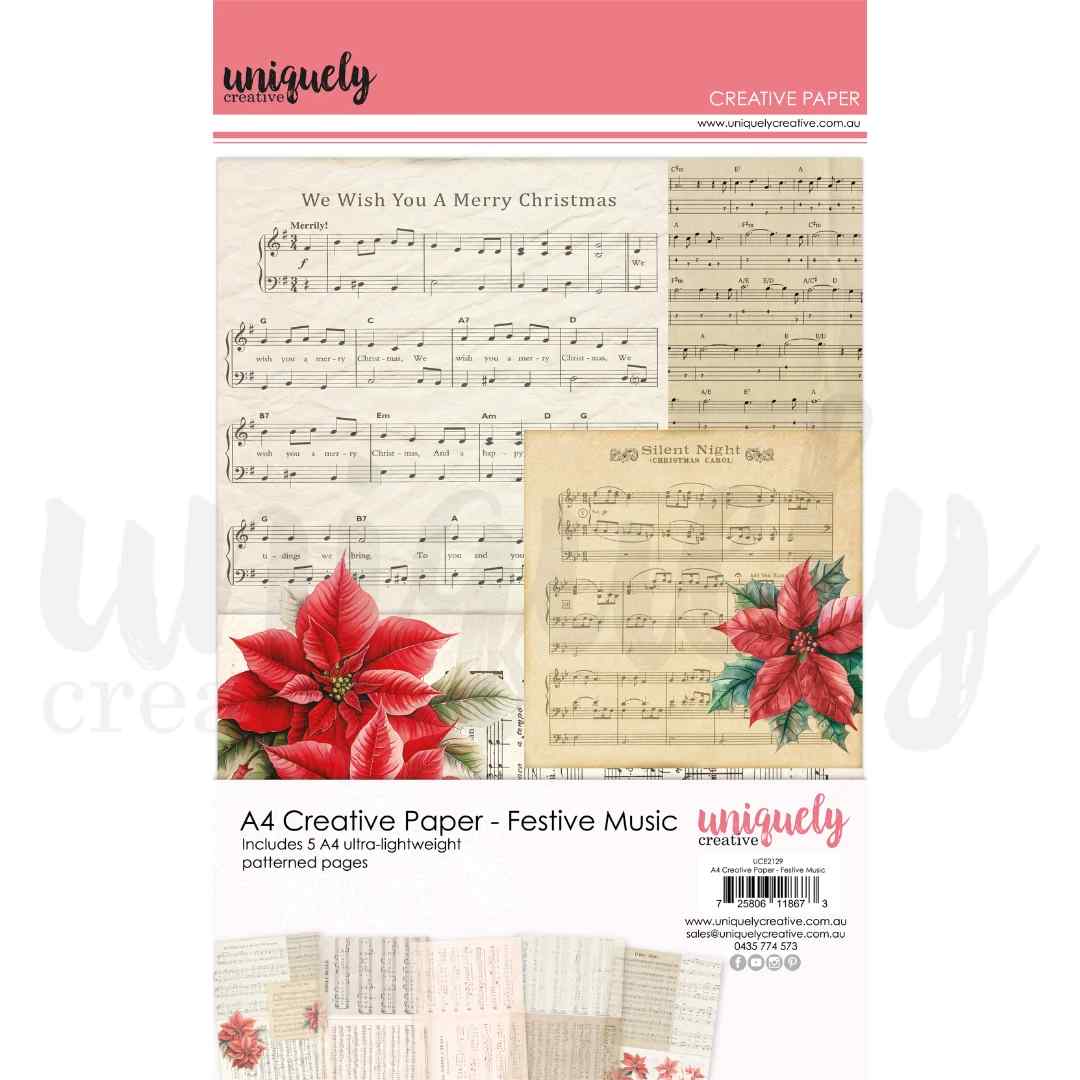 Uniquely Creative A4 Creative Paper Festive Music showing vintage sheet music design with red poinsettias