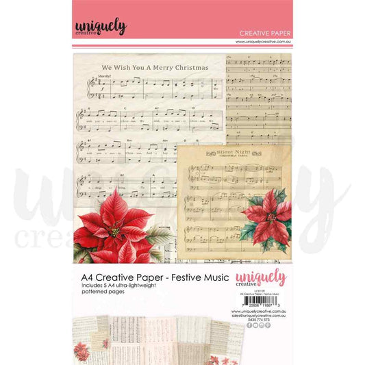 Uniquely Creative A4 Creative Paper Festive Music showing vintage sheet music design with red poinsettias