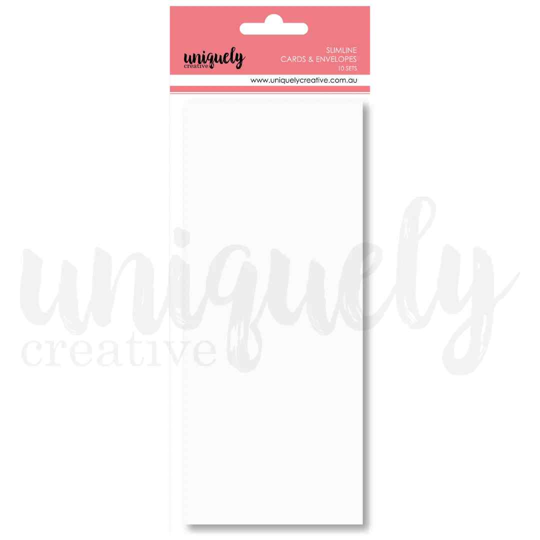 White slimline card blank with matching envelope from Uniquely Creative Cards & Envelopes, shown in its retail packaging.