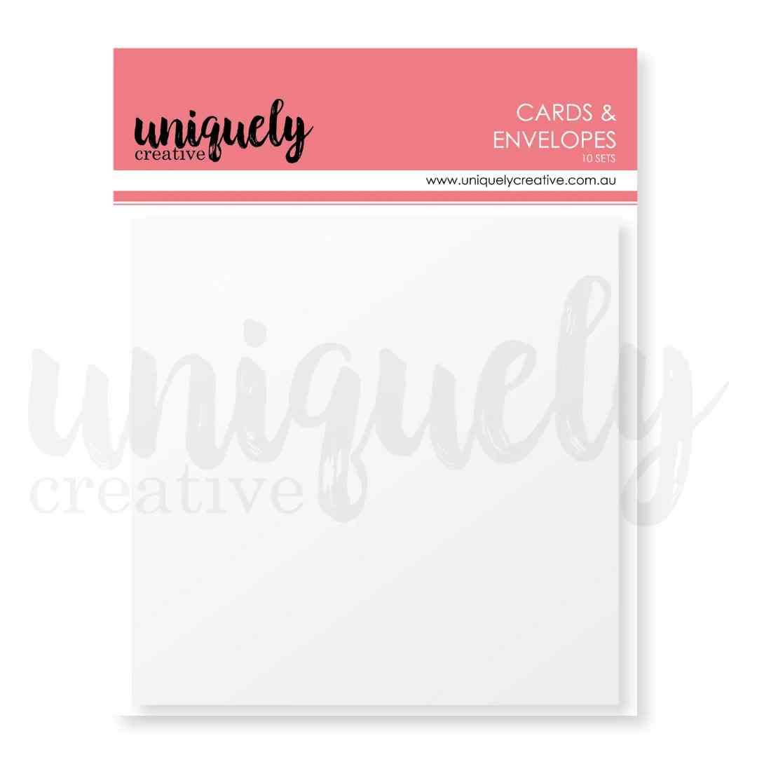 White square card blank with matching envelope from Uniquely Creative Cards & Envelopes, shown in its retail packaging.
