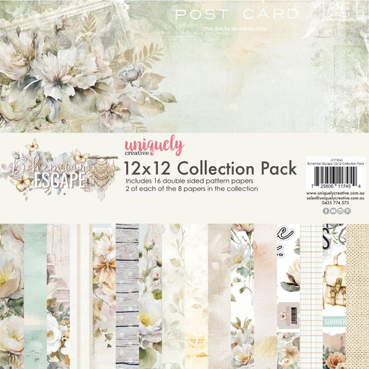 Uniquely Creative Bohemian Escape 12x12 Collection Pack featuring 16 double-sided patterned papers with vintage postcard motifs, soft florals, wood textures, and abstract watercolour designs—perfect for scrapbooking and mixed media.