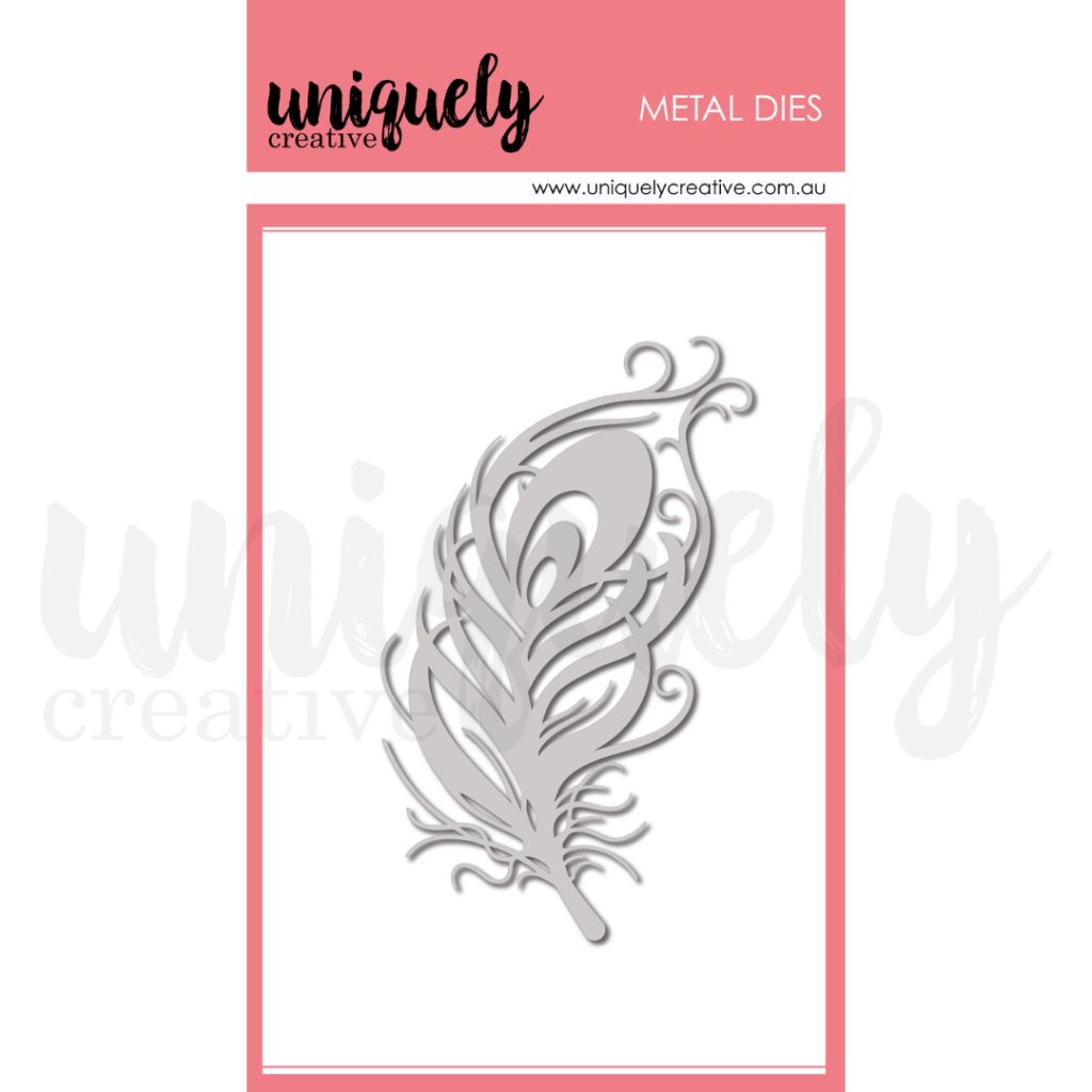 Uniquely Creative Peacock Feather Metal Die with intricate curves and stylised details, designed for cutting elegant embellishments from paper or cardstock using a die-cutting machine.