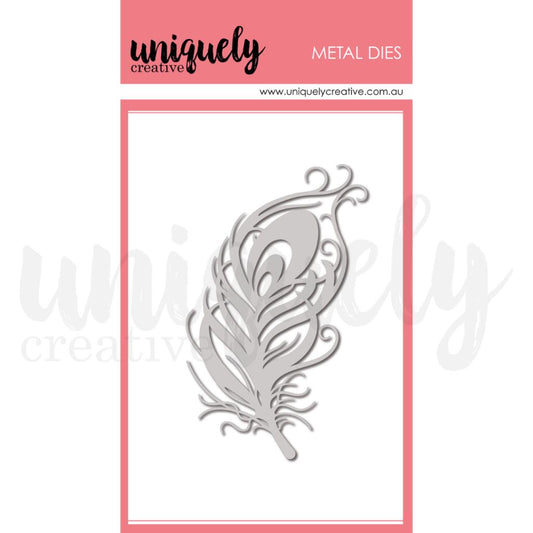 Uniquely Creative Peacock Feather Metal Die with intricate curves and stylised details, designed for cutting elegant embellishments from paper or cardstock using a die-cutting machine.