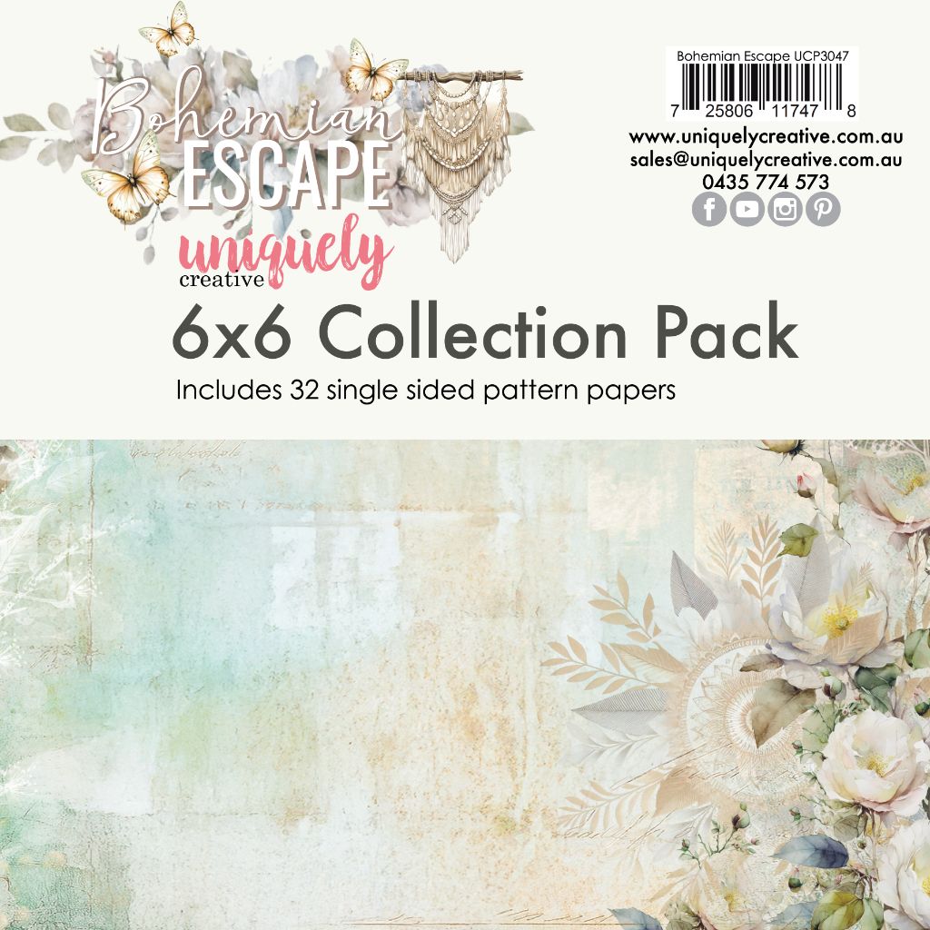 Uniquely Creative Bohemian Escape 6x6 Collection Pack with 32 single-sided patterned papers in pastel florals, butterflies, and boho-inspired textures—ideal for card making and journalling.