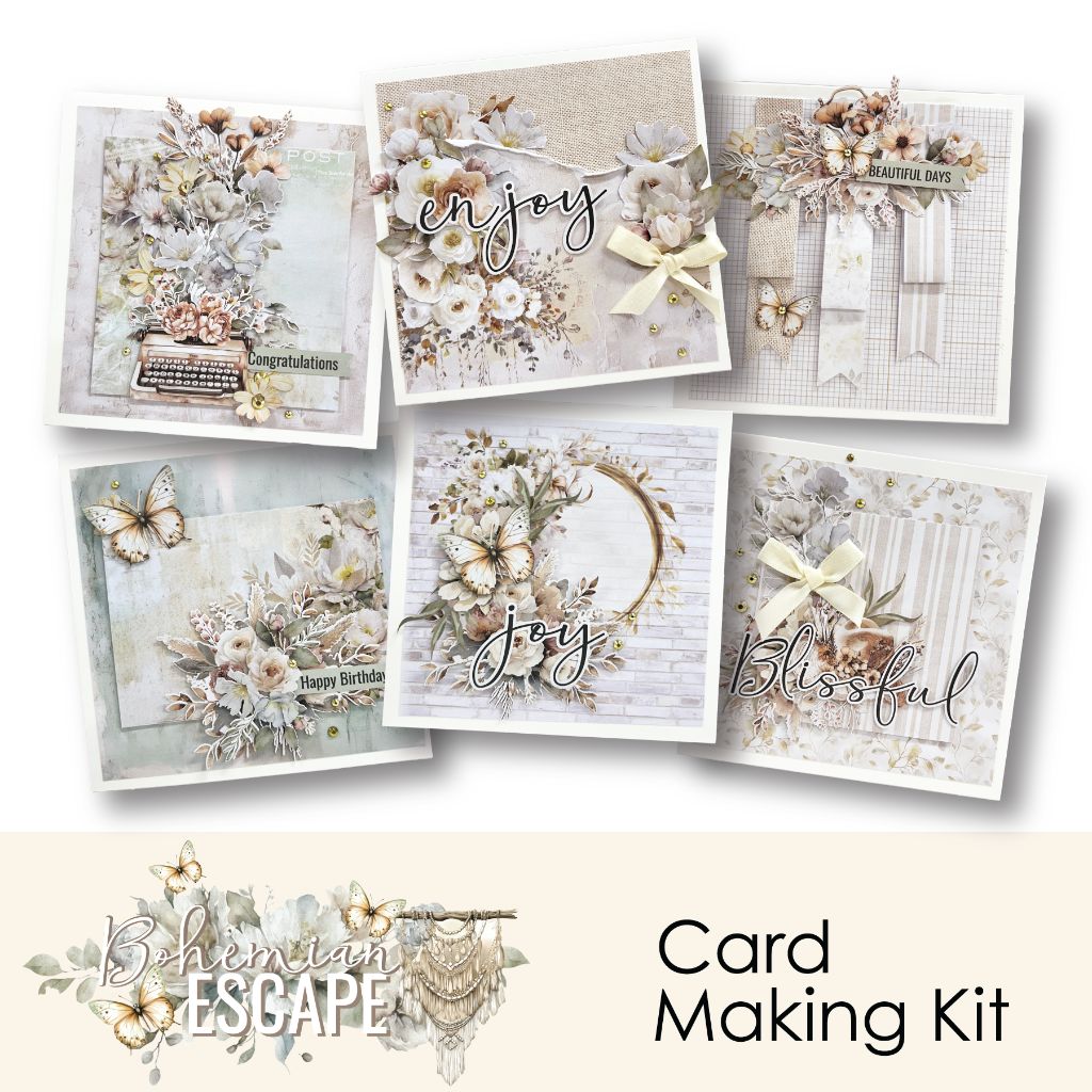 Uniquely Creative Bohemian Escape Card Making Kit featuring six handmade greeting cards with floral and butterfly embellishments, pastel tones, and sentiments like 'Congratulations' and 'Happy Birthday' — perfect for DIY craft lovers and personalised occasions.