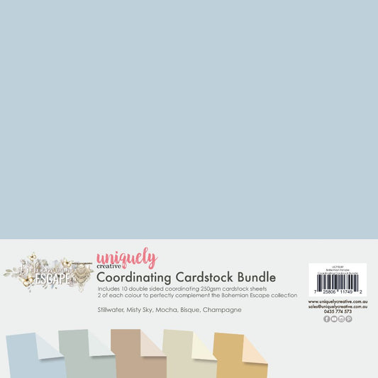 Uniquely Creative Bohemian Escape Coordinating Cardstock Bundle – 10 double-sided 250gsm sheets in Stillwater, Misty Sky, Mocha, Bisque, and Champagne tones. Premium scrapbooking paper designed to complement the Bohemian Escape collection.