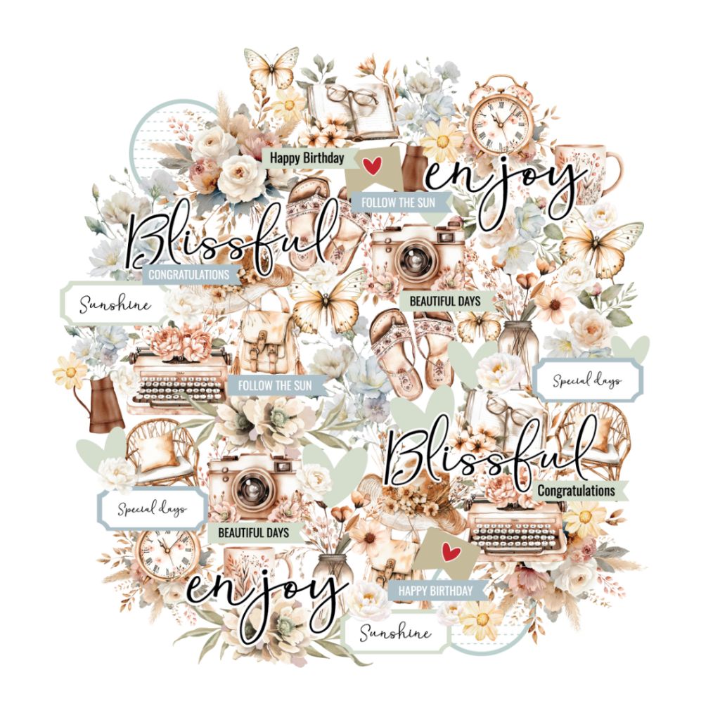 Uniquely Creative Bohemian Escape Creative Cuts – die-cut cardstock pieces featuring vintage florals, butterflies, cameras, clocks, books, and celebratory phrases. Perfect for scrapbooking, cardmaking, and mixed media projects with a soft pastel palette.