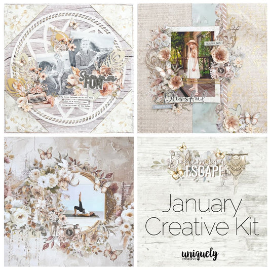 Uniquely Creative Bohemian Escape January Creative Kit – includes coordinated supplies to create scrapbook layouts and handmade cards. Features floral embellishments, vintage icons, butterflies, and soft pastel tones inspired by nature and summer memories.