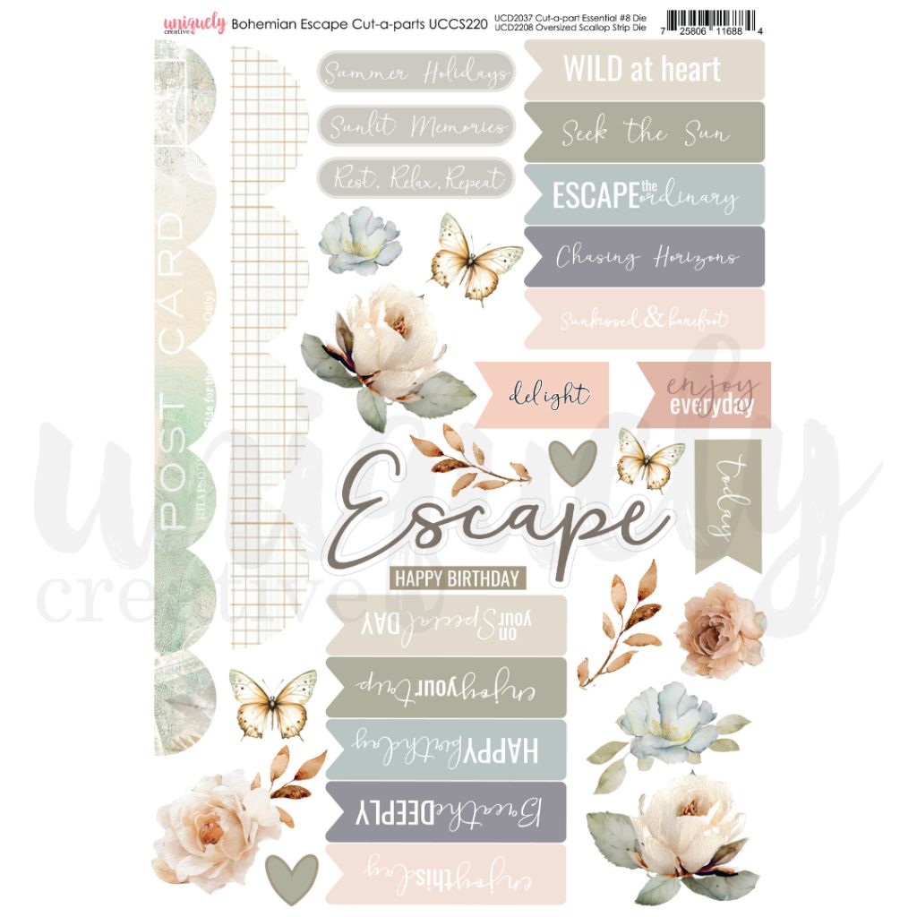 Uniquely Creative Bohemian Escape Cut-a-parts UCCS220 – A4 printed sheet featuring pastel florals, butterflies, hearts, and uplifting phrases. Designed for fussy cutting or use with coordinating dies in scrapbooking, journalling, and cardmaking projects.