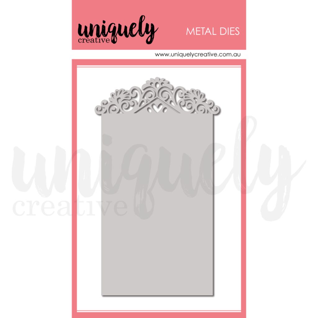 Uniquely Creative Bohemian Escape Metal Die – ornate rectangular die with decorative swirls and heart cut-outs. Perfect for adding elegant layers and detailed edges to handmade cards, scrapbook pages, and paper crafts.