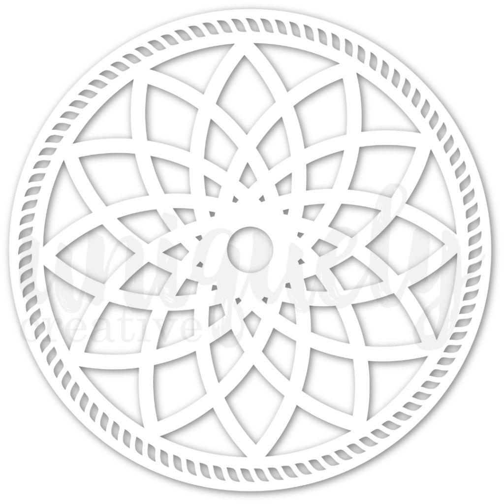 Uniquely Creative Bohemian Escape White Cardstock Decorative Overlay – intricately cut circular design with floral and rope-like details. Ideal for layering in scrapbooking, cardmaking, and elegant paper craft projects.