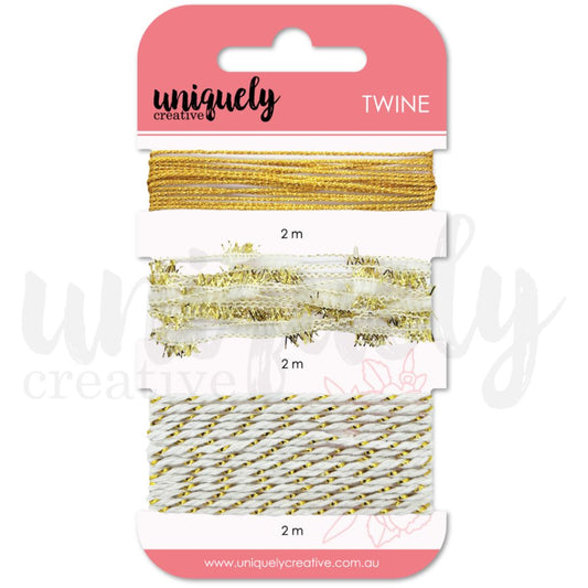Uniquely Creative Bohemian Escape Twine Pack – set of three 2-meter decorative twines in gold and white finishes. Includes metallic gold string, frilly white and gold trim, and twisted white and gold cord for embellishing cards, tags, and scrapbook pages.