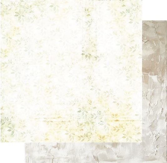 12x12" double-sided scrapbook paper featuring a soft vintage leaf pattern in pastel green, yellow, and beige tones, with a preview of the reverse shown in the corner.