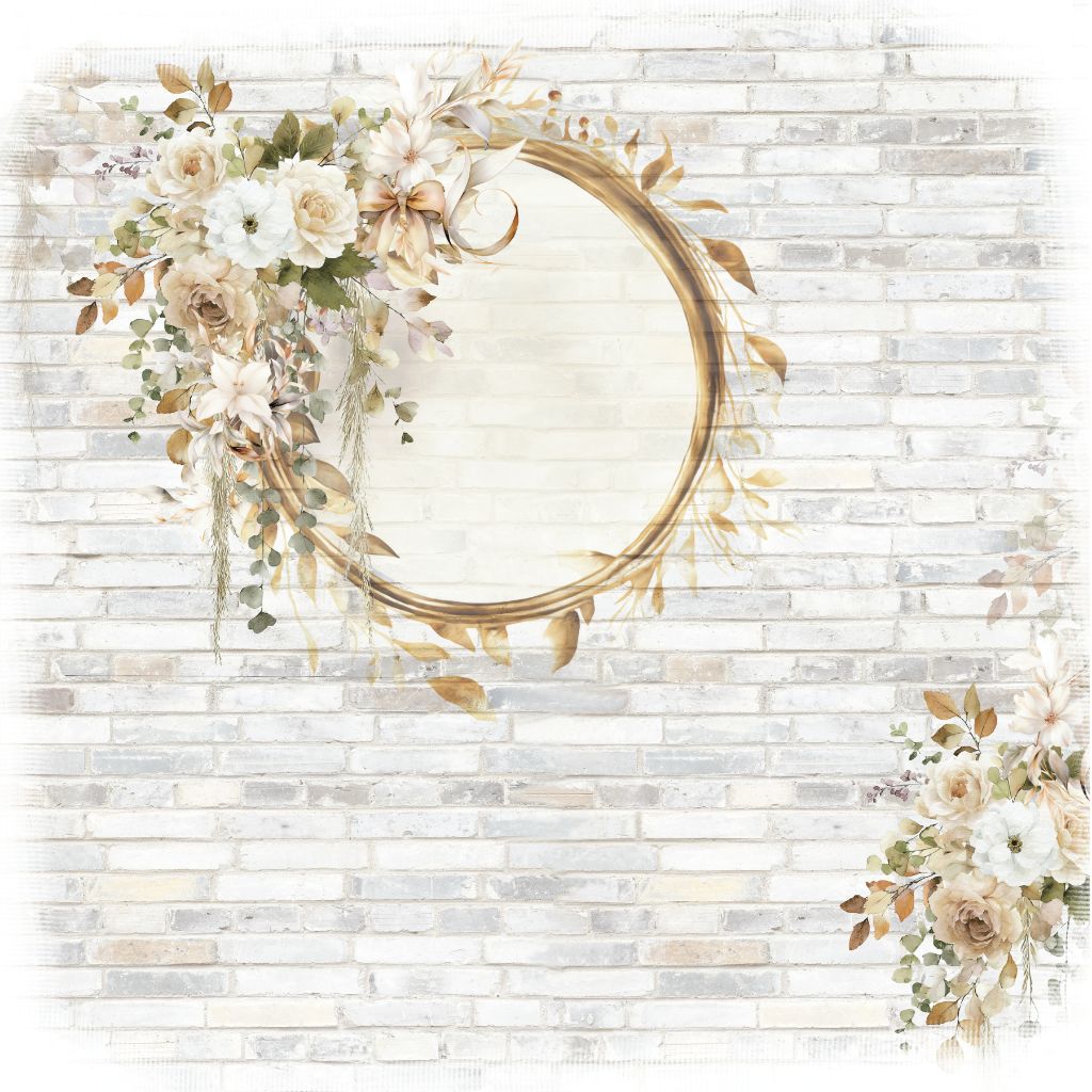 12x12" scrapbook paper with an elegant golden circular frame adorned with white and beige flowers, green foliage, and soft golden accents, set against a faded white brick wall.