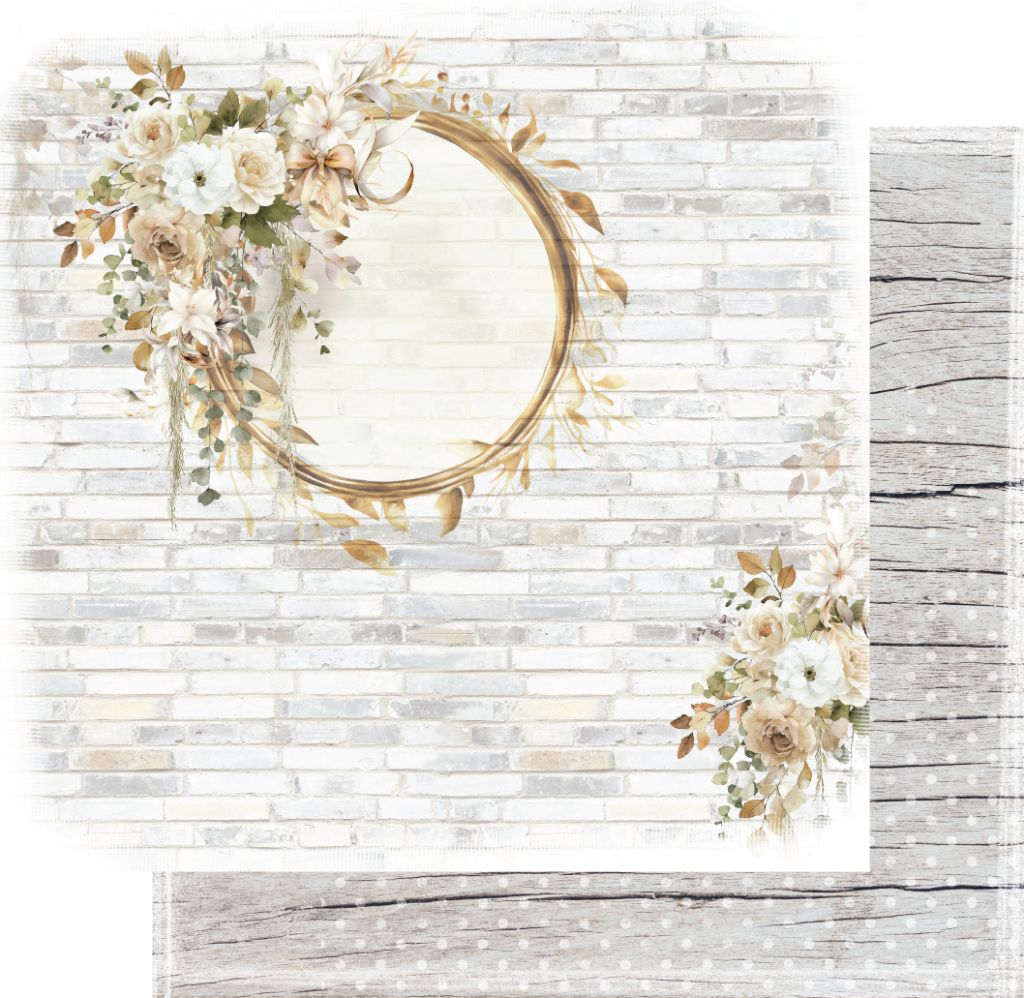 12x12" double-sided scrapbook paper featuring a decorative circular floral frame on a whitewashed brick background, with a preview of the reverse shown in the corner.