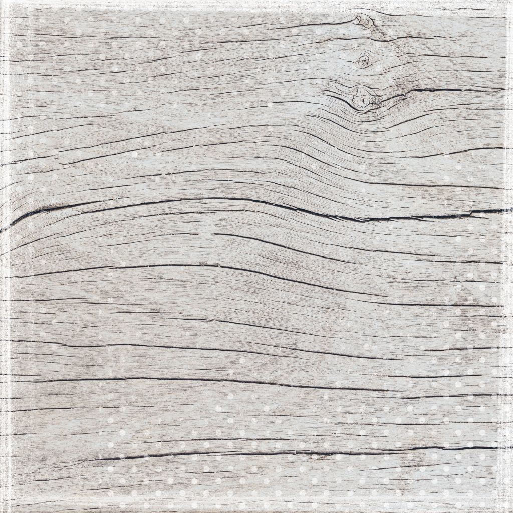 12x12" scrapbook paper with a light woodgrain texture in a weathered finish, scattered with small white polka dots for a whimsical, rustic look.