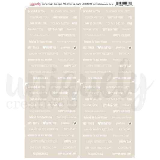 Uniquely Creative Bohemian Escape Mini Cut-a-parts UCCS221 – A4 printed sheet with repeated sections of celebratory and affectionate phrases in white text on beige. Designed for fussy cutting or use with Essential Die 4 in cardmaking, scrapbooking, and paper crafting.