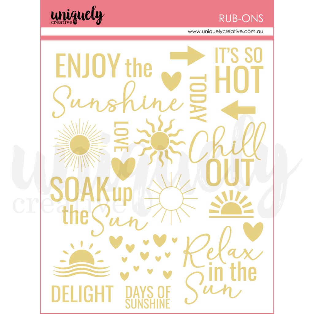 Uniquely Creative Bohemian Escape Gold Foil Rub-ons – decorative transfer sheet with sun icons, hearts, arrows, and cheerful summer phrases. Adds shimmering accents to scrapbooking, journalling, and seasonal paper crafts.