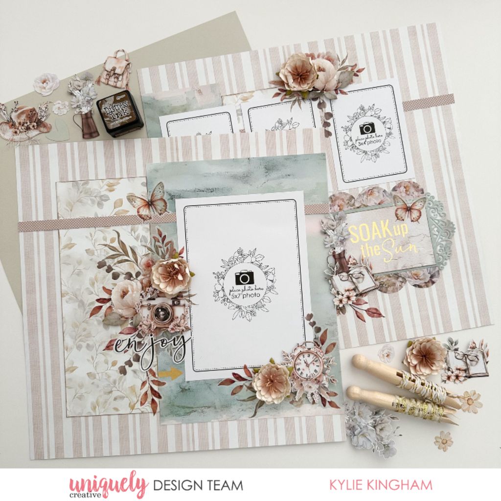 Double-page scrapbook layout by Kylie Kingham using Uniquely Creative Bohemian Escape collection – features pastel florals, butterflies, vintage camera, and gold foil accents. Includes framed photo place-holders with sentiments like “SOAK up the Sun” and “enjoy.” Elegant design ideal for preserving summer memories and special moments.