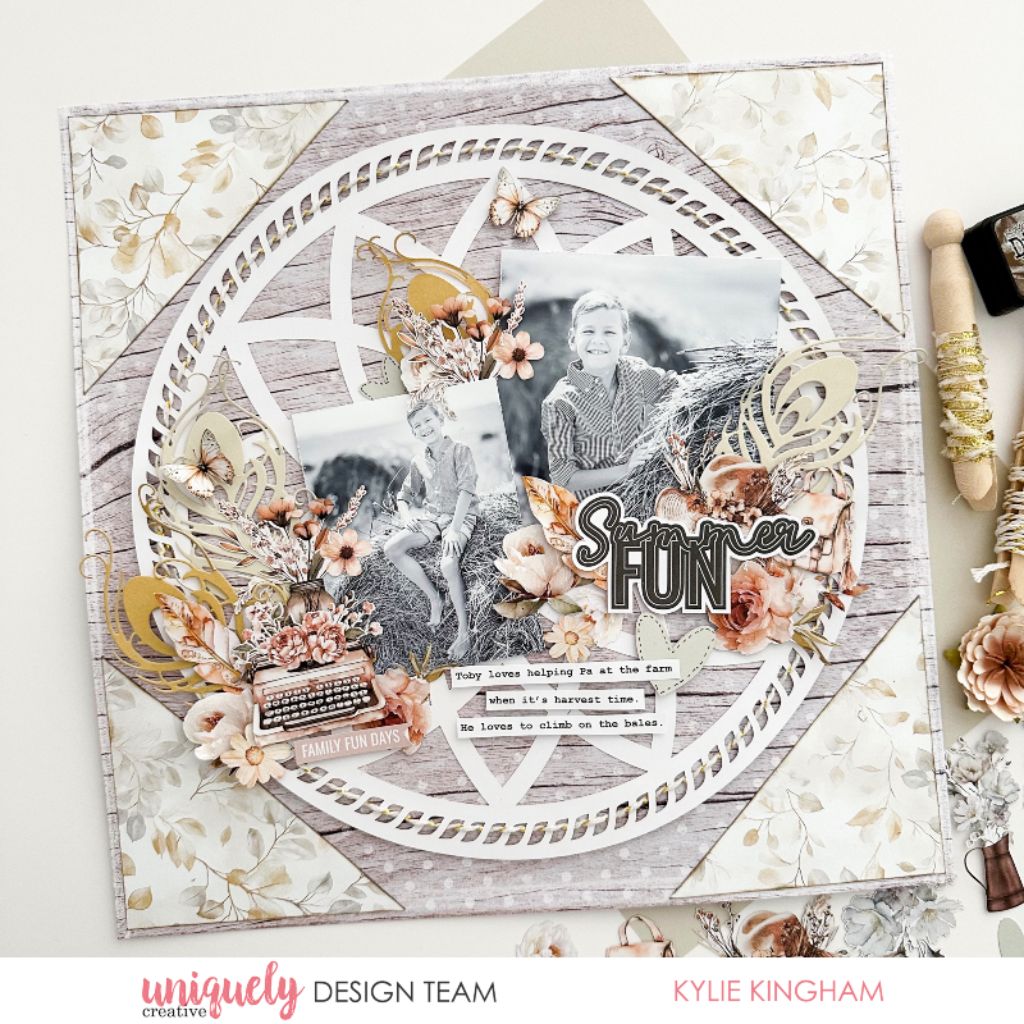 Rustic farm-themed scrapbook page by Kylie Kingham using Uniquely Creative Bohemian Escape collection – features circular cut-out design, earthy florals, butterflies, and black-and-white photos of a child on hay bales. Sentiments like “Summer FUN” and “Family Fun Days” highlight heartfelt memories of harvest time.