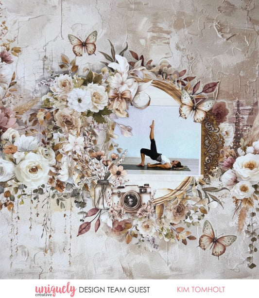 Scrapbook collage by guest designer Kim Tomholt using Uniquely Creative Bohemian Escape collection – features a yoga-themed photo framed by blush florals, butterflies, bows, and vintage accents like mason jars and cameras. Set against a textured background, this artistic layout blends wellness and elegance.