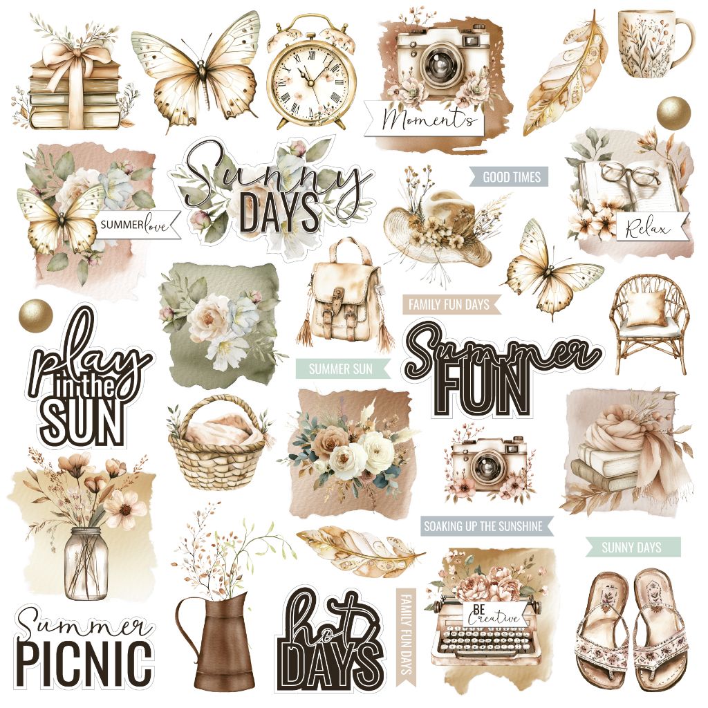 12x12" scrapbook paper with vintage-style summer icons like cameras, butterflies, flowers, sandals, and typewriters, paired with pastel-toned phrases such as “Summer love,” “Sunny DAYS,” and “Soaking up the sunshine.”