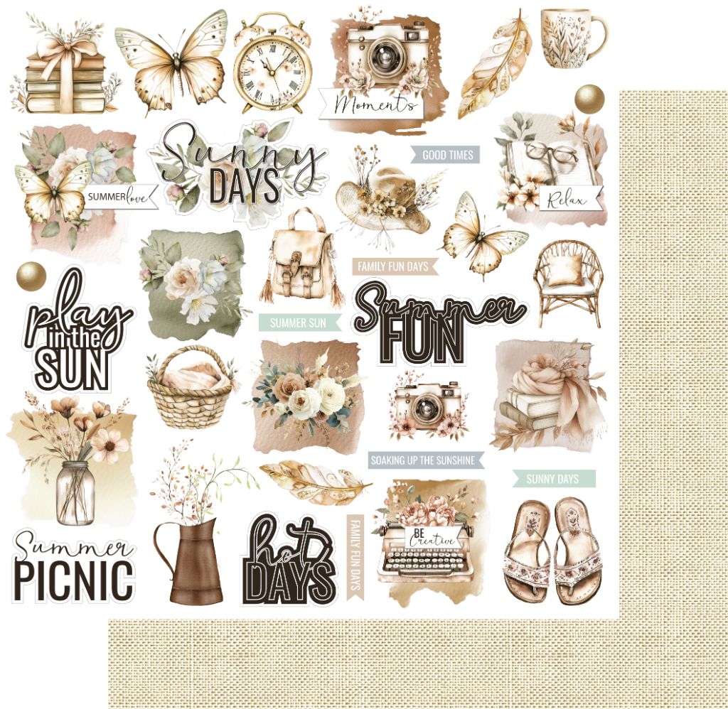 12x12" double-sided scrapbook paper featuring a collage of summer-themed illustrations and phrases, with a preview of the reverse shown in the corner.