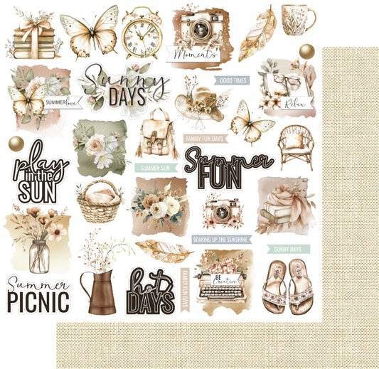 12x12" double-sided scrapbook paper featuring a collage of summer-themed illustrations and phrases, with a preview of the reverse shown in the corner.